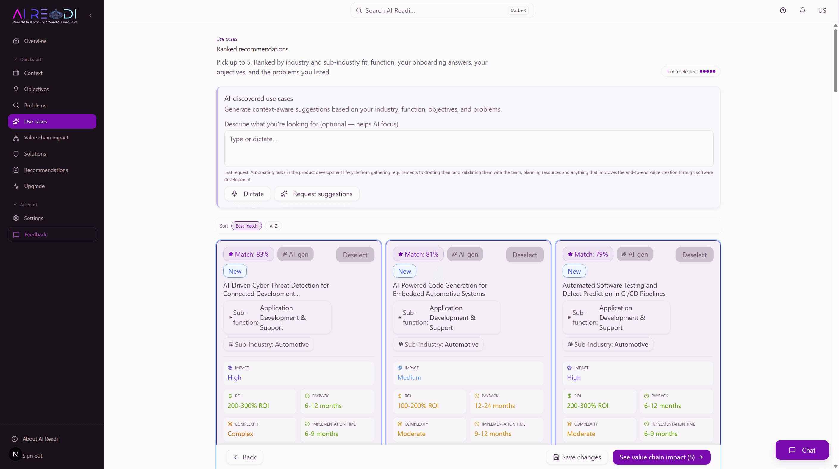 Use-case cards ranked by how well they match the business's context and problems